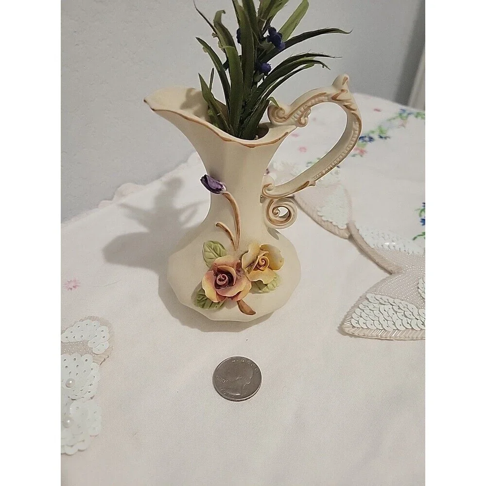 Vintage Capodimonte Neopolitan Porcelain Bud Vase With Applied Flowers & Handle